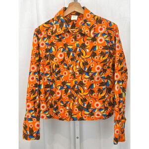 LUCY & YAK Button Up Boxy Long Sleeve Top Floral Organic Cotton Flannel Orange 6